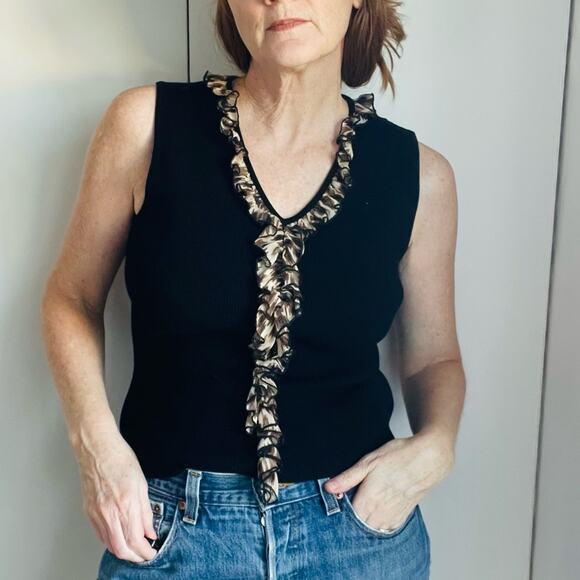 Vintage Ruffle Trim Ribbed Tank Top Black & Animal Print Detail Y2K Glam - Picture 9 of 9
